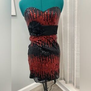 Clarisse Red and Black Sequin‎ Strapless Dress Size 4